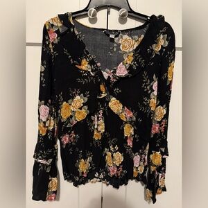 American Eagle Floral Ruffle Sleeve Blouse Black Yellow Pink Size M
